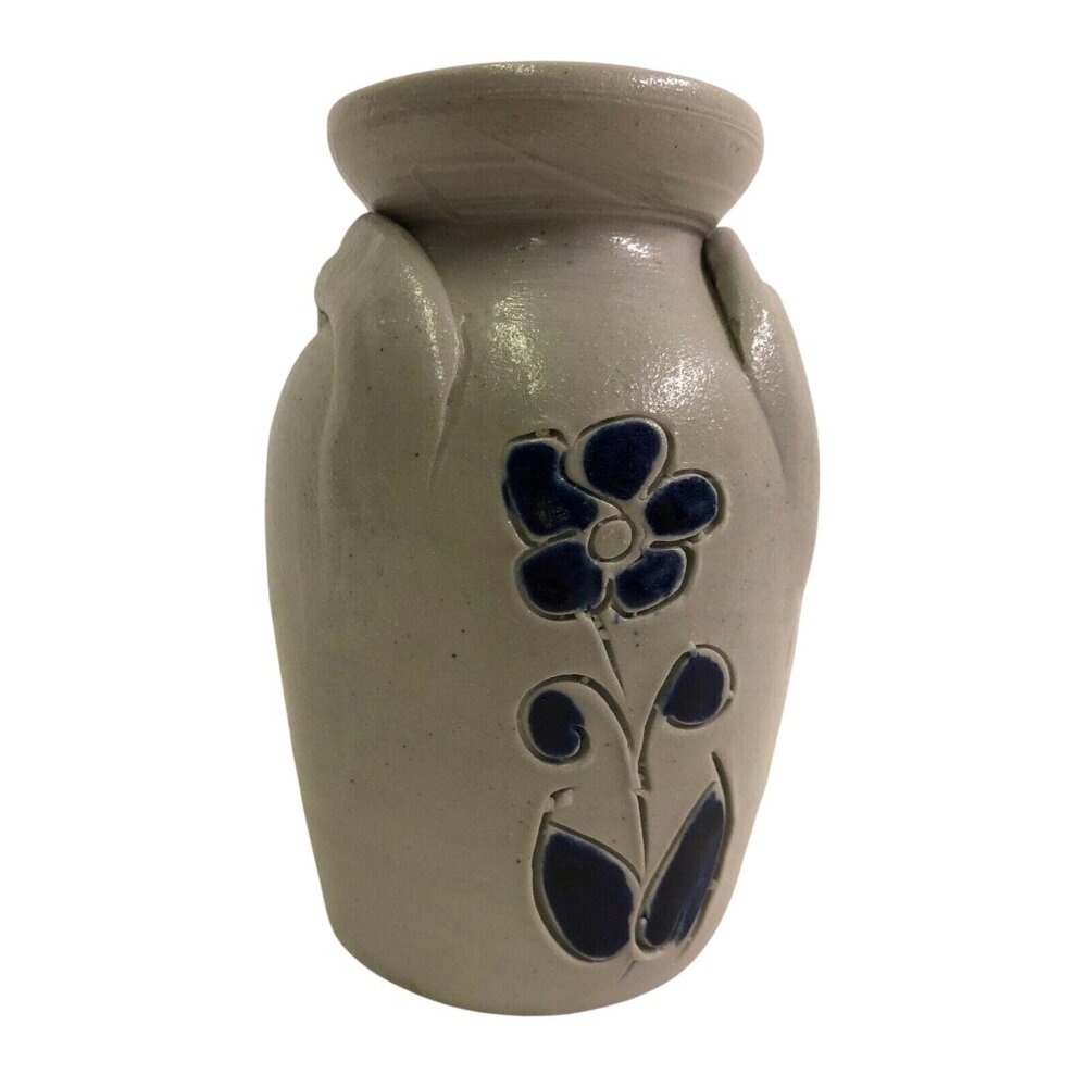 Williamsburg Pottery Flower Vase Salt Glaze Cobalt Blue 2 Handles Vintage